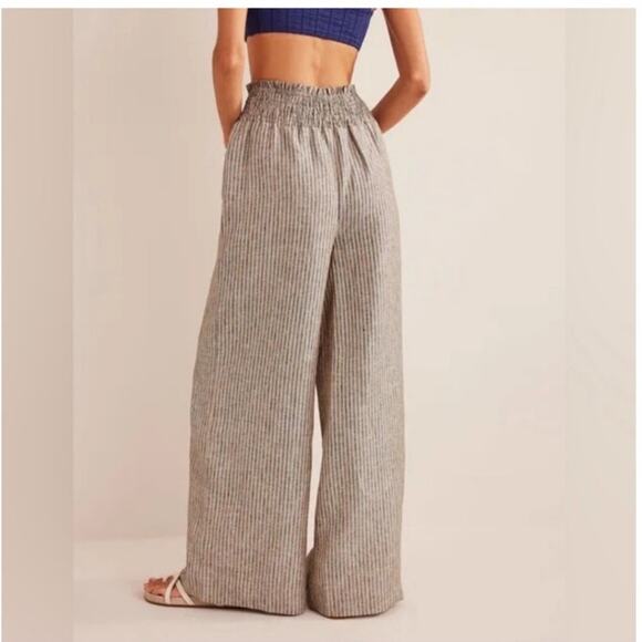 NWT Boden Linen Shirred Waist Camel and Black Lurex Stripe Wide Leg Trousers 4 - Picture 2 of 16